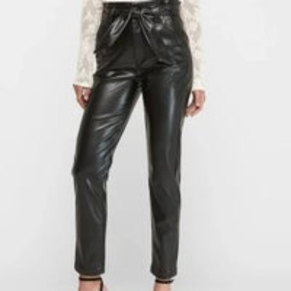 EXPRESS SUPER HIGH FAUX VEGAN LEATHER BLACK BELTED PANTS ankle crop NWOT XL